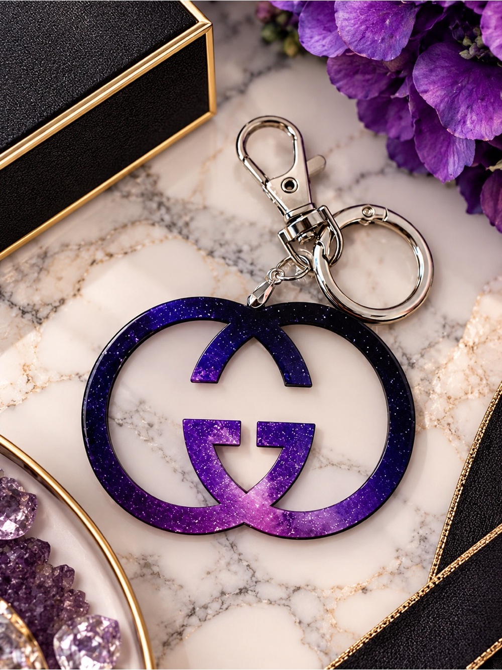 Handcrafted Purple Double G Bag Charm Keychain | Silver Tone Hardware